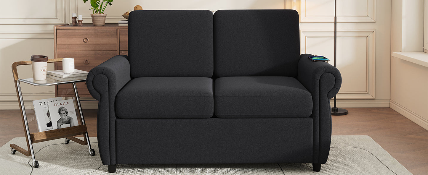 Dark grey fabric loveseat with curved arms and a builtin wireless charger