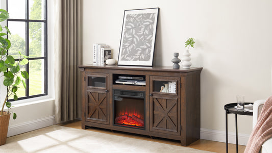 Rustic brown wood TV stand with electric fireplace and glasspaneled doors