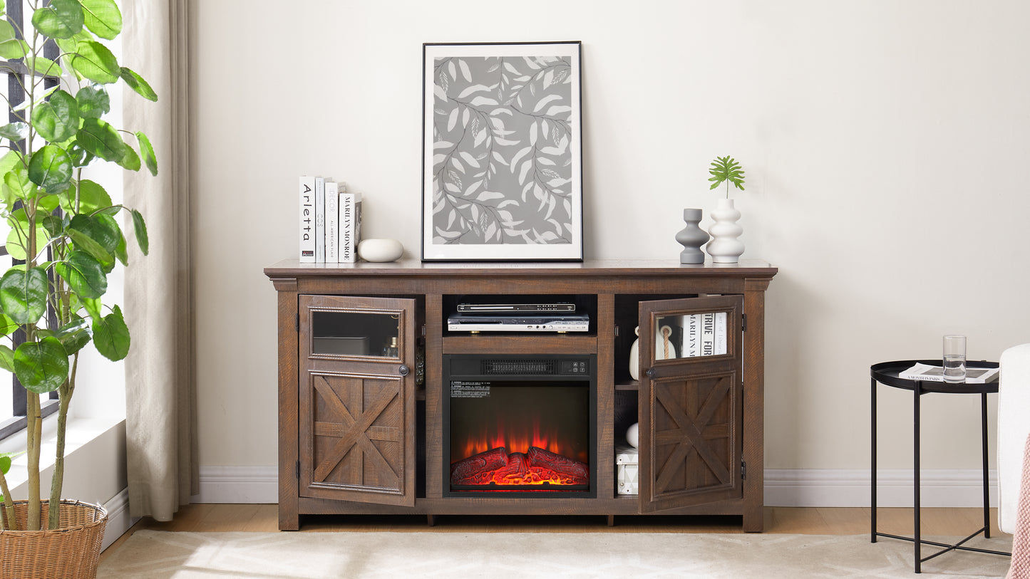 Rustic brown wood TV stand with electric fireplace and glasspaneled cabinet doors