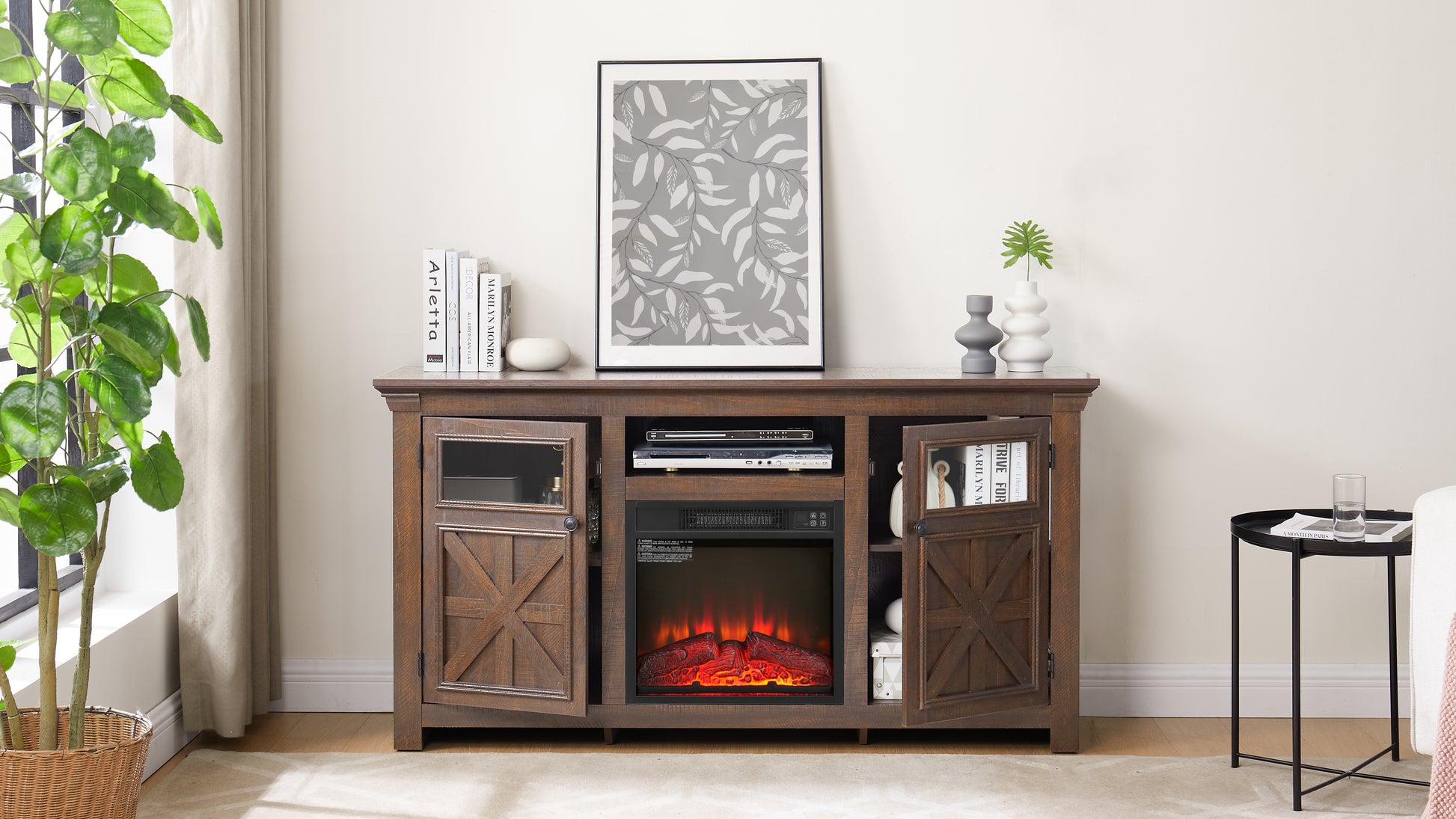 Rustic brown wood TV stand with electric fireplace and glasspaneled cabinet doors