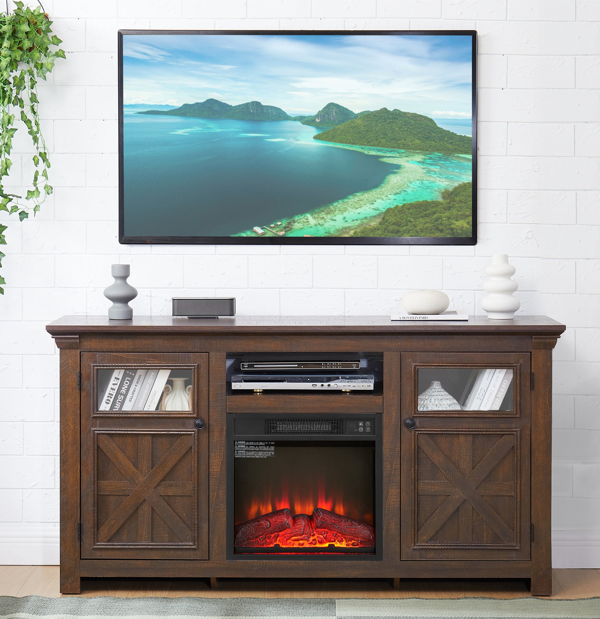 Rustic brown wood TV stand with electric fireplace and glasspaneled doors
