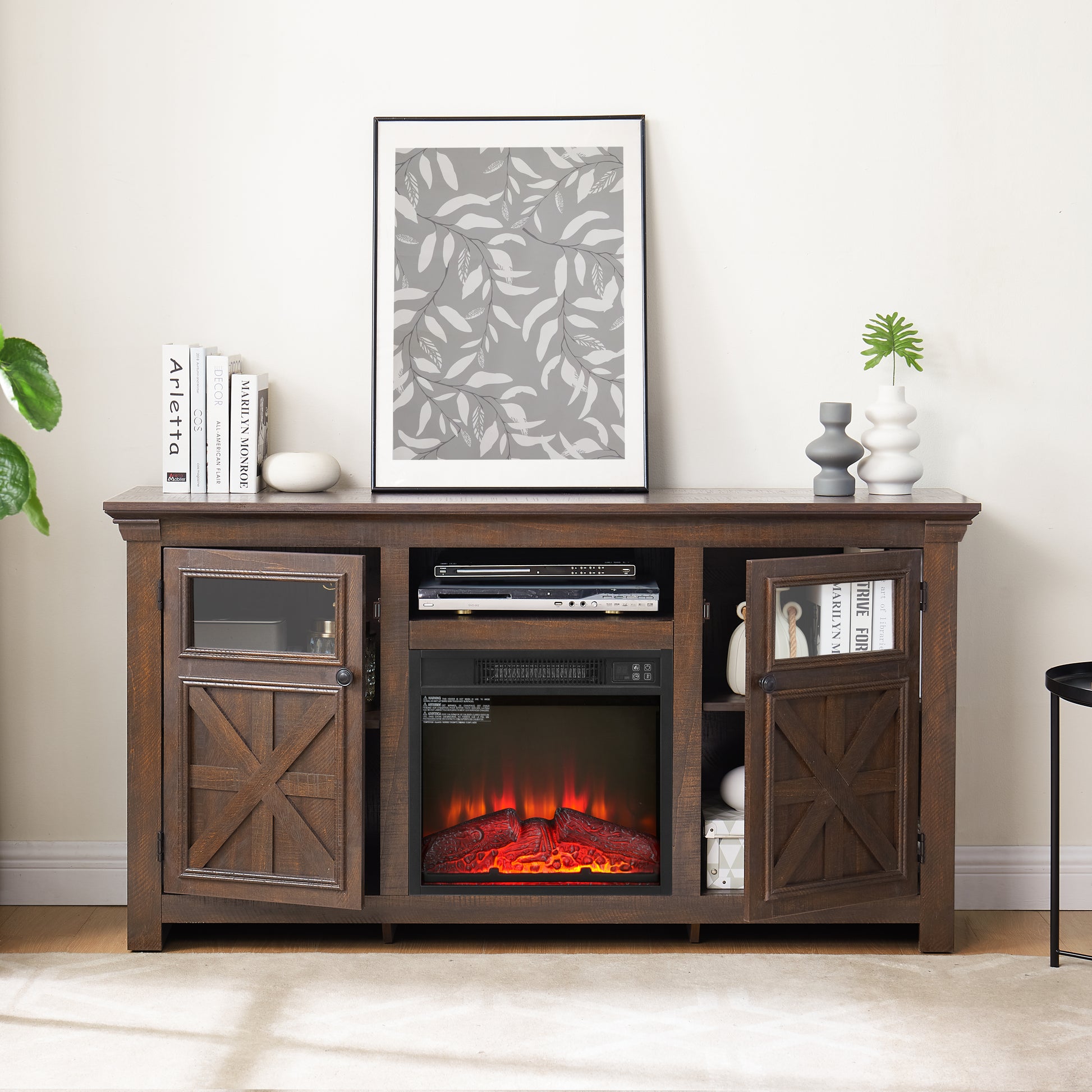 Dark wood media console with electric fireplace and glass doors