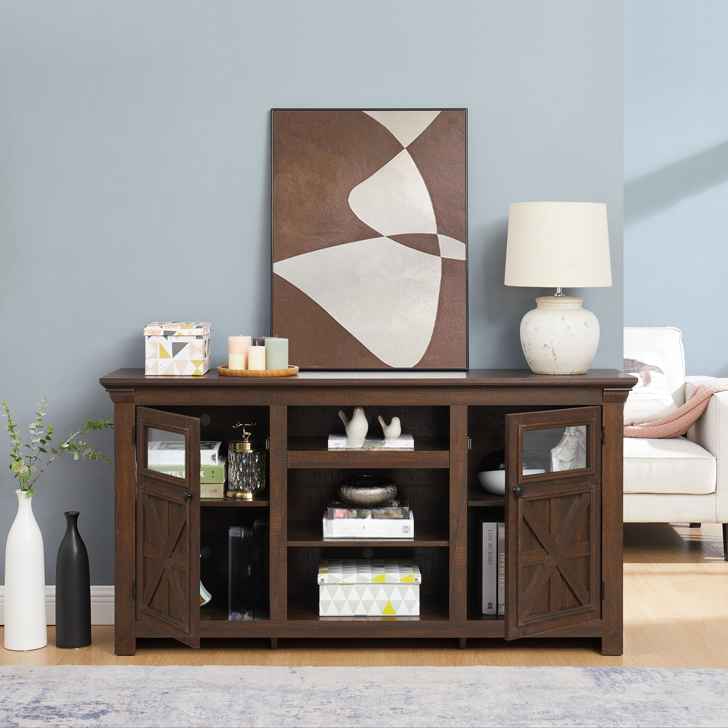 Dark brown rustic wood media console with glass doors and decorative hardware perfect for living rooms