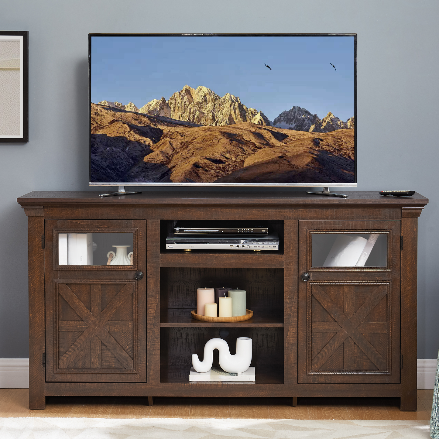 Rustic dark wood tv stand with glass cabinet doors and open shelving for media components