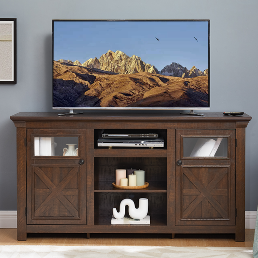 Rustic dark wood tv stand with glass cabinet doors and open shelving for media components