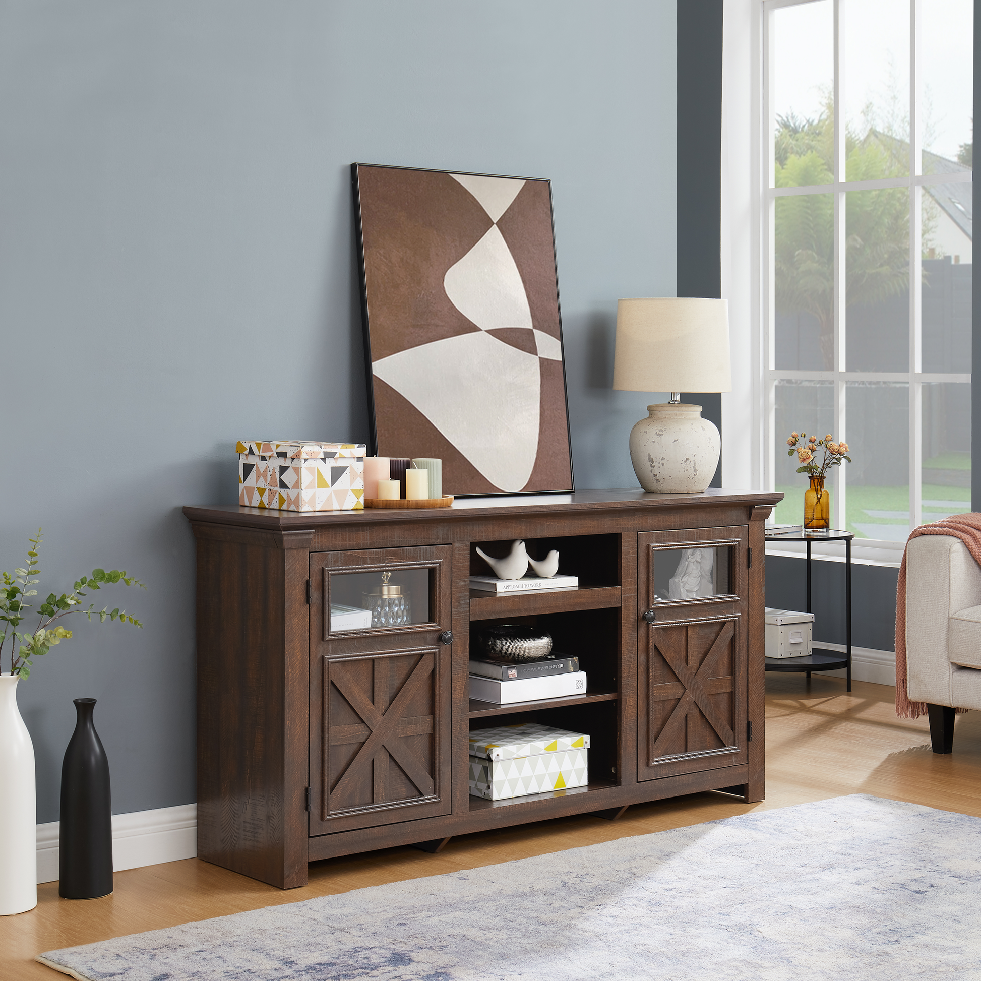 Dark brown wood TV stand with Xdesign doors and glass panels perfect for media rooms