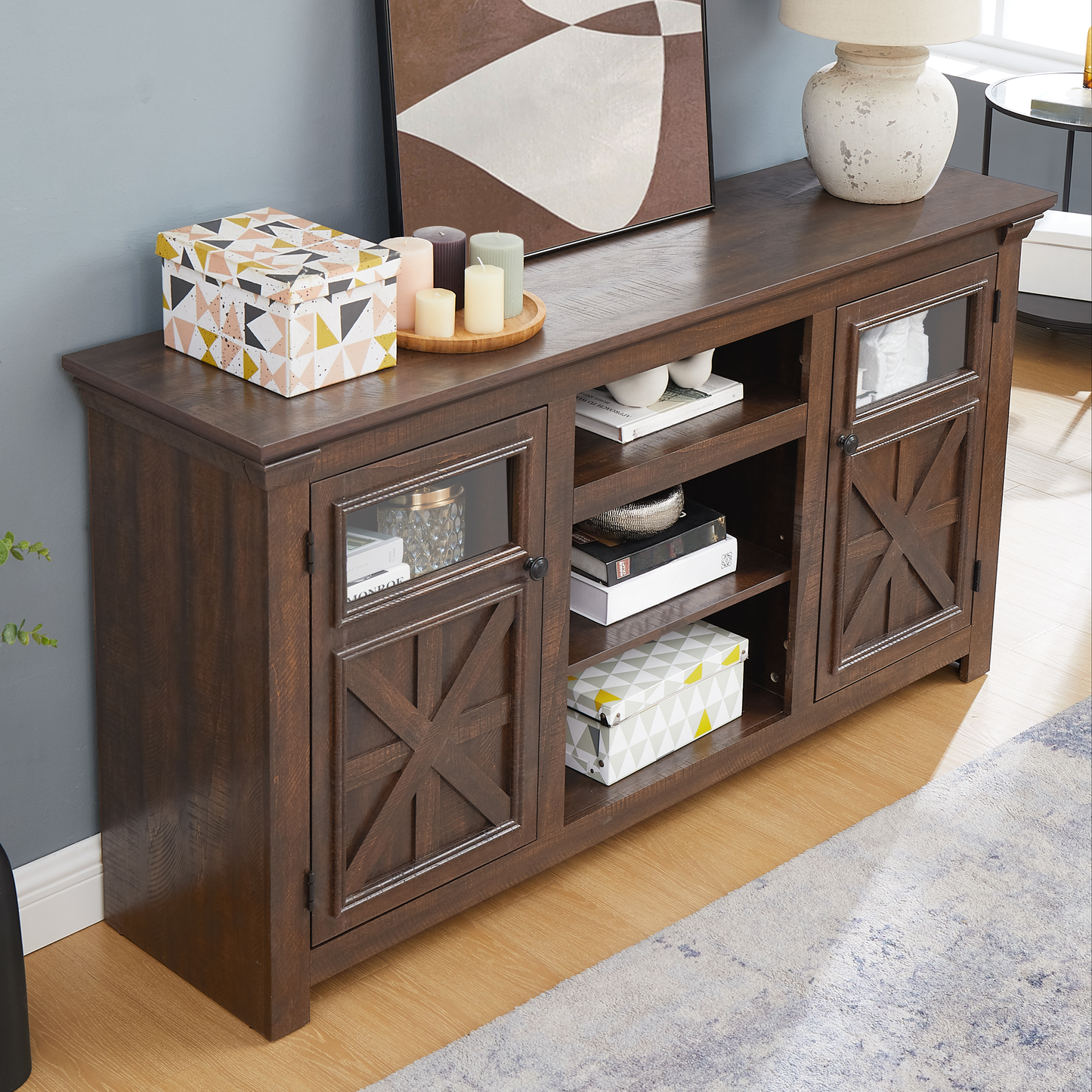 Dark brown wood TV stand with glass doors and crisscross paneling
