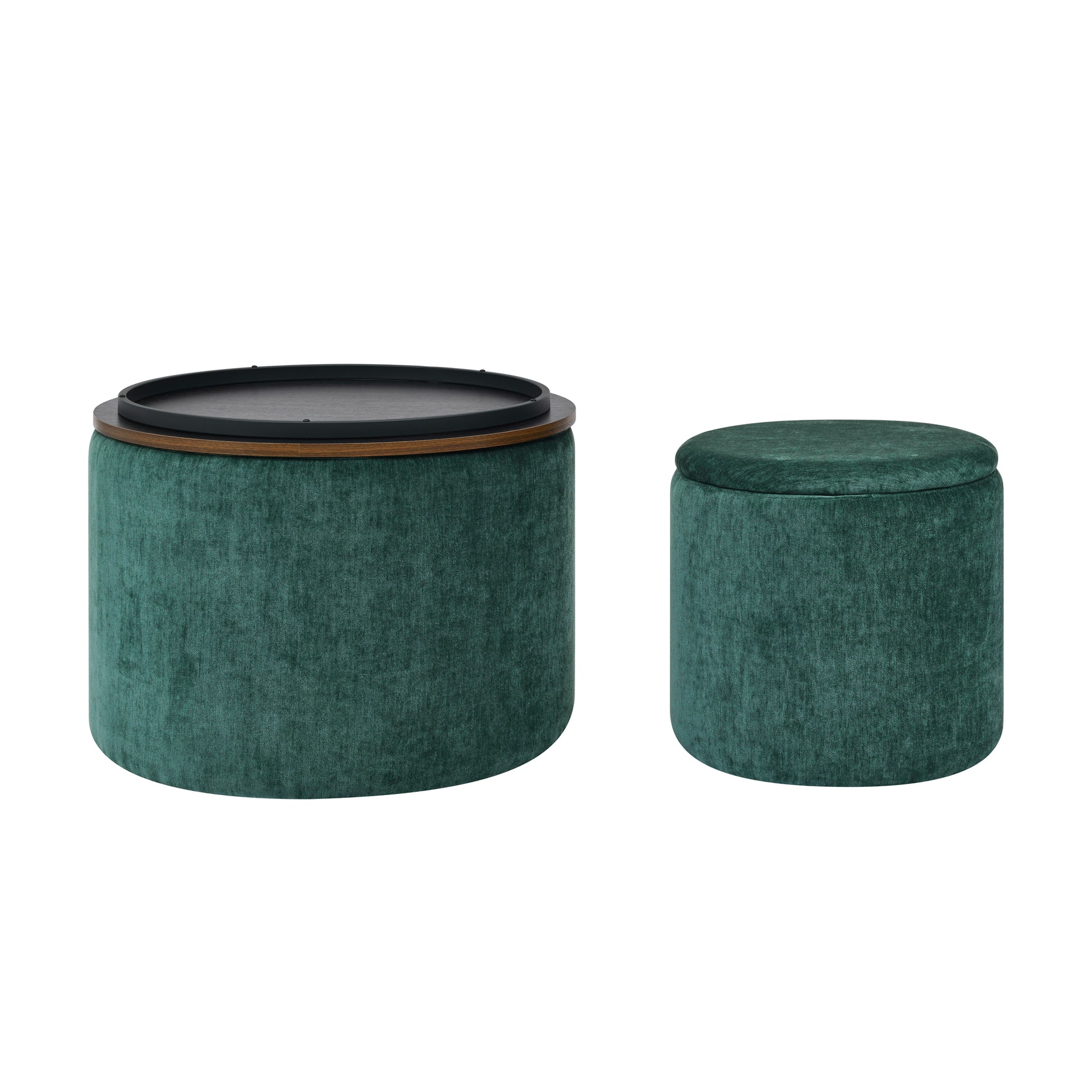 Turquoise velvet storage ottoman with removable wooden tray top