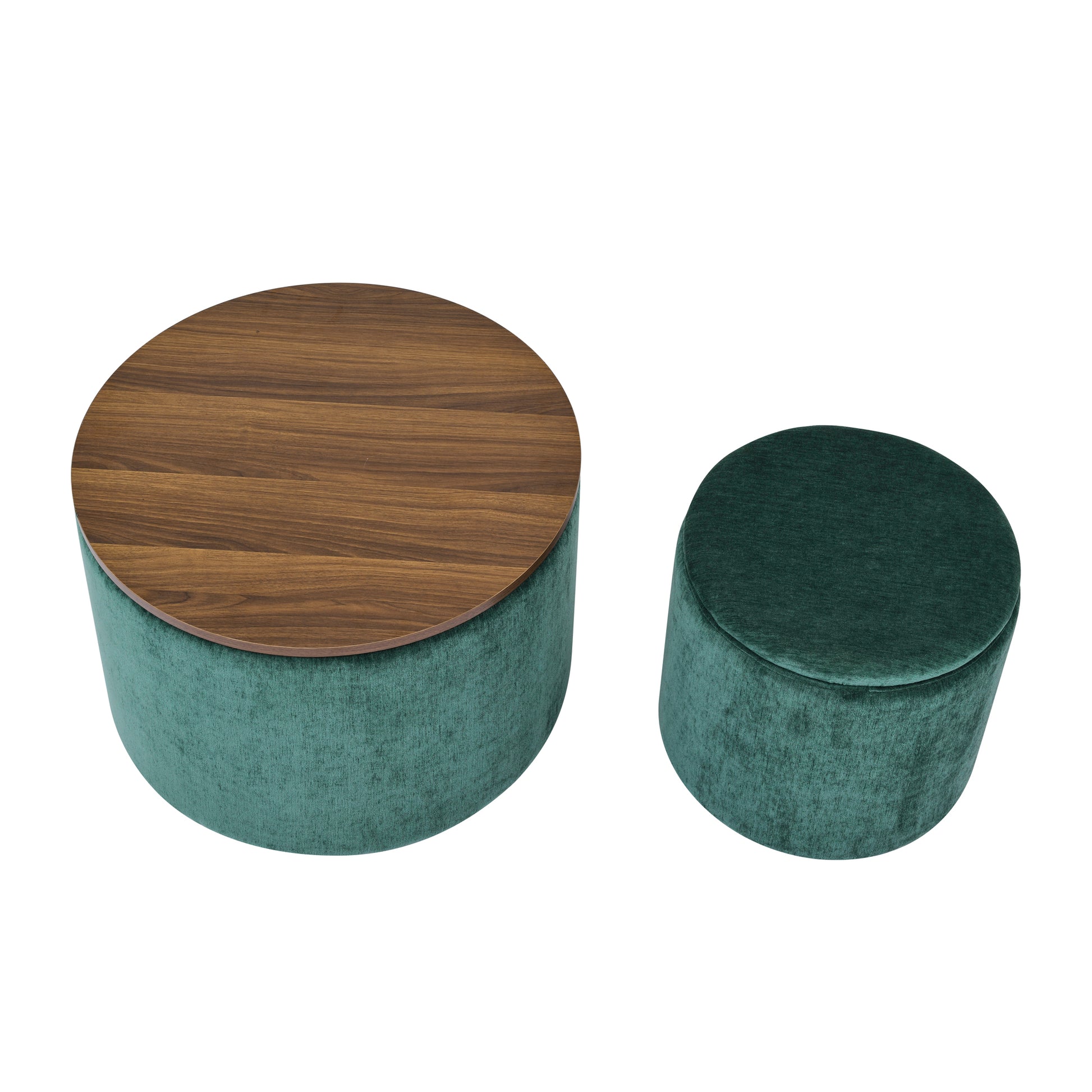 Round woodentop teal velvet storage ottoman perfect for living rooms