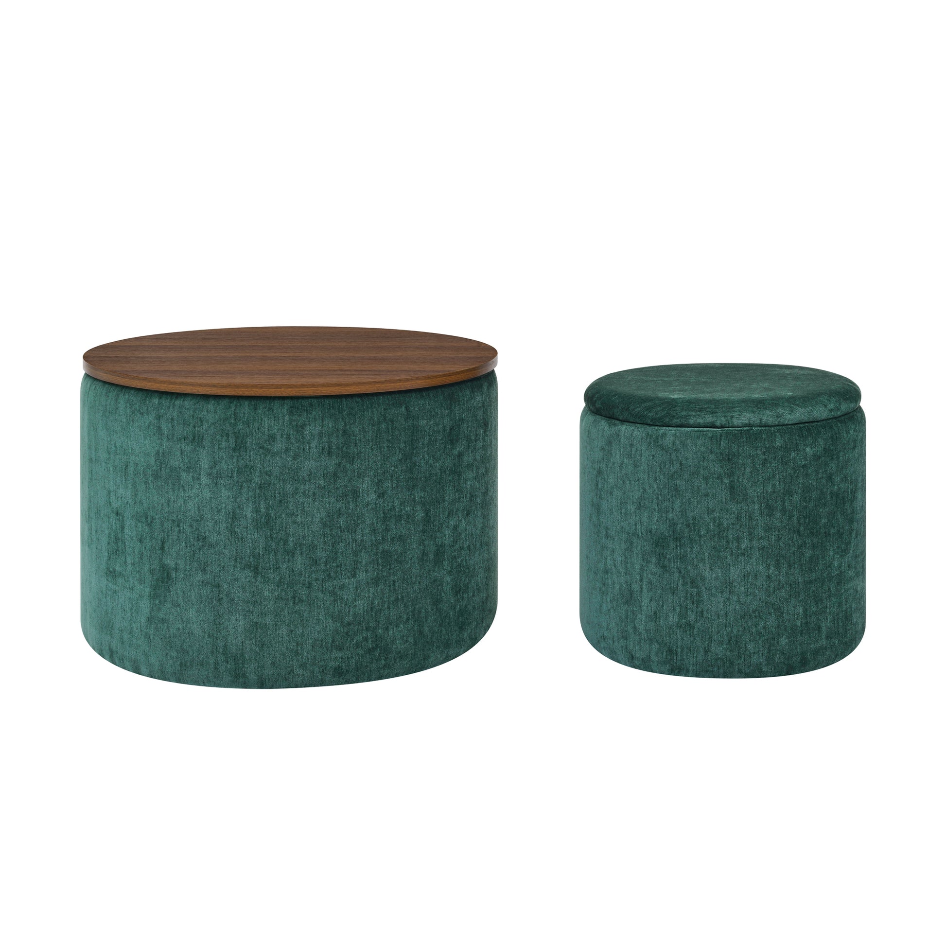 Set of  teal velvet storage ottomans with dark wood lids
