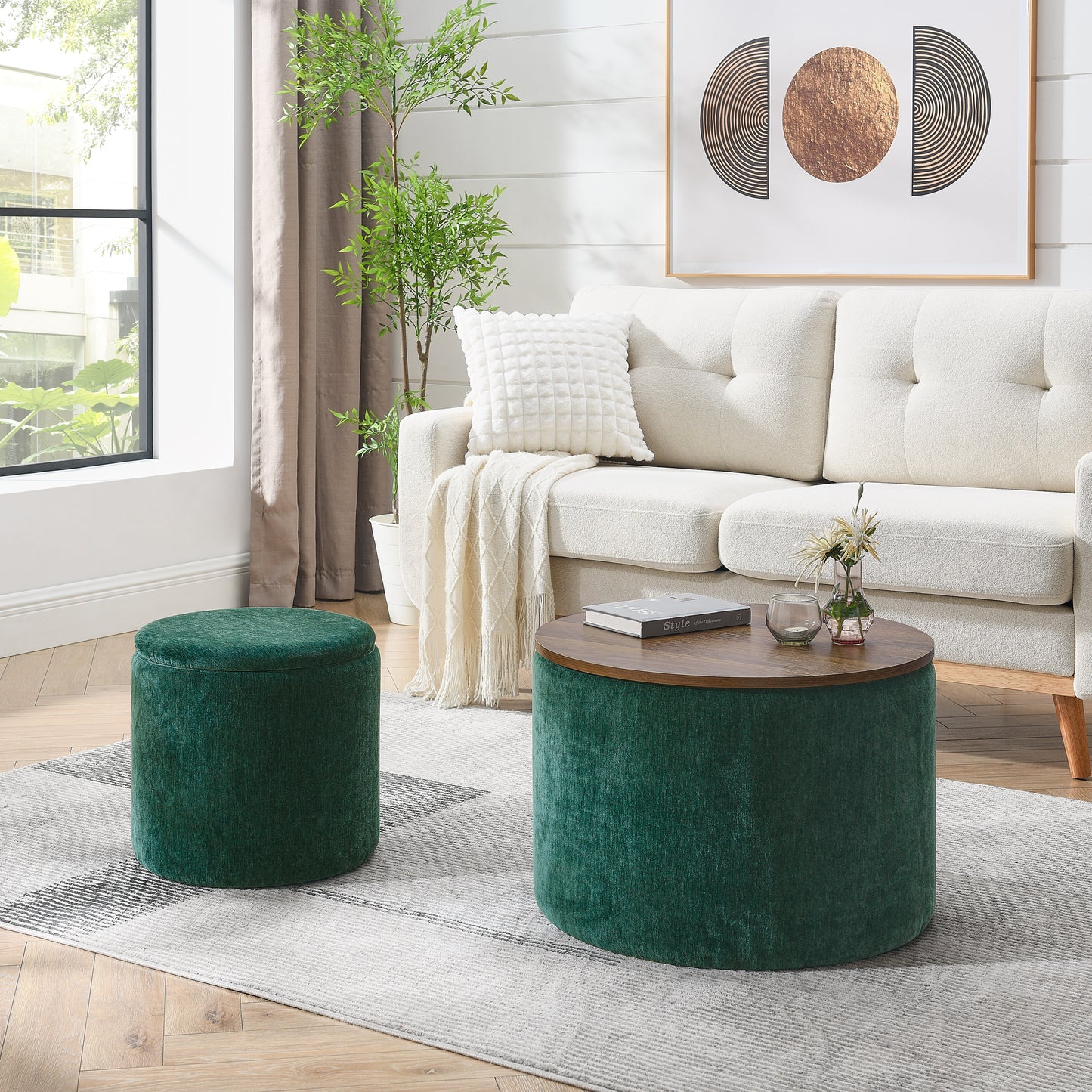Deep green velvet ottoman with a compact circular design perfect for living room seating
