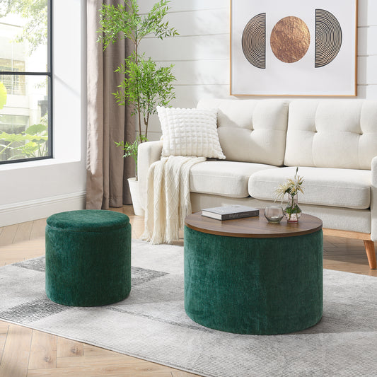 Deep green velvet ottoman with a compact circular design perfect for living room seating
