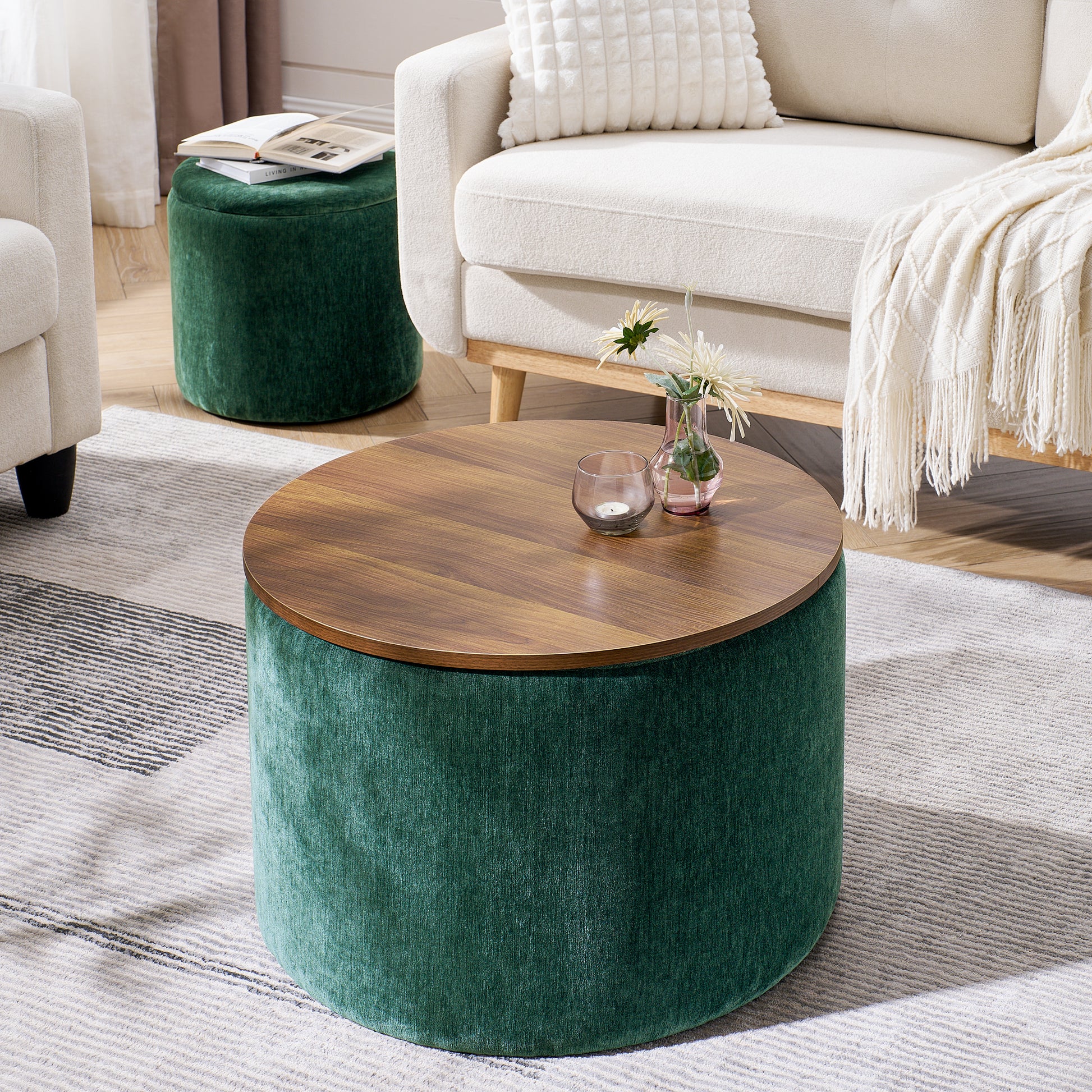 Green velvet ottoman coffee table with wood lid perfect for living rooms