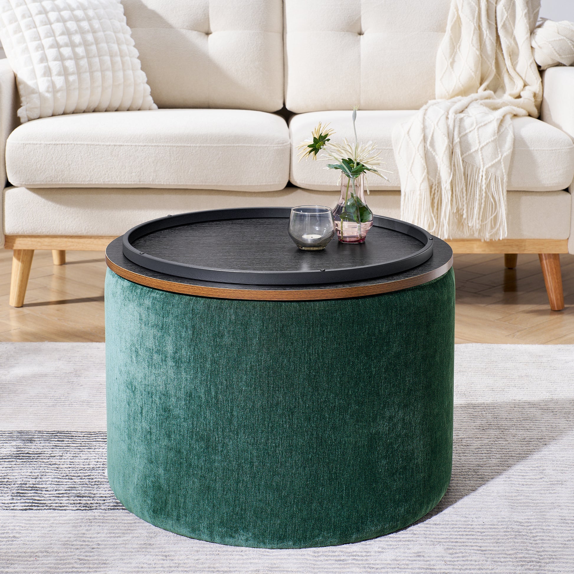 Round velvet ottoman in forest green with a dark wood liftoff tray top perfect for living rooms
