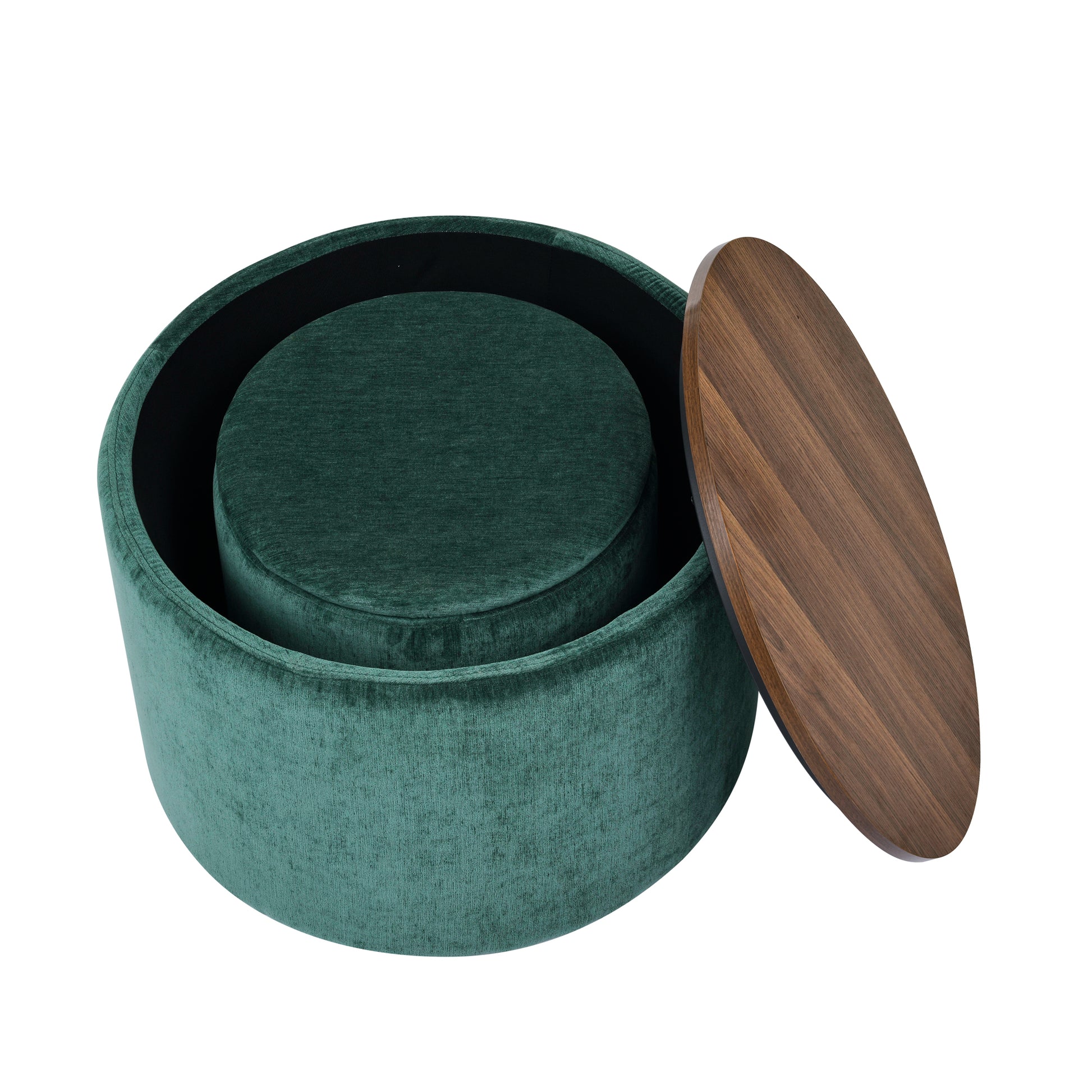 Round teal velvet storage ottoman with a wooden lid modern design