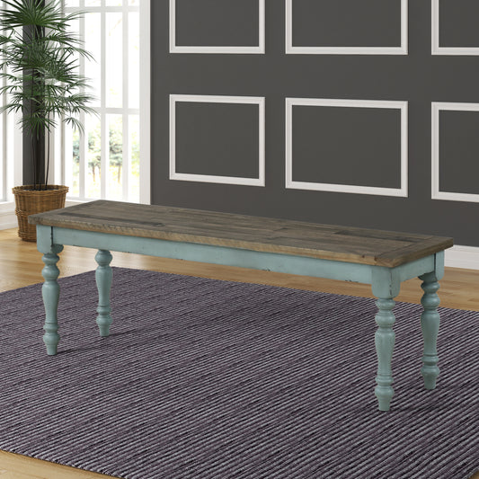 Distressed blue farmhouse bench with weathered wood top and turned legs