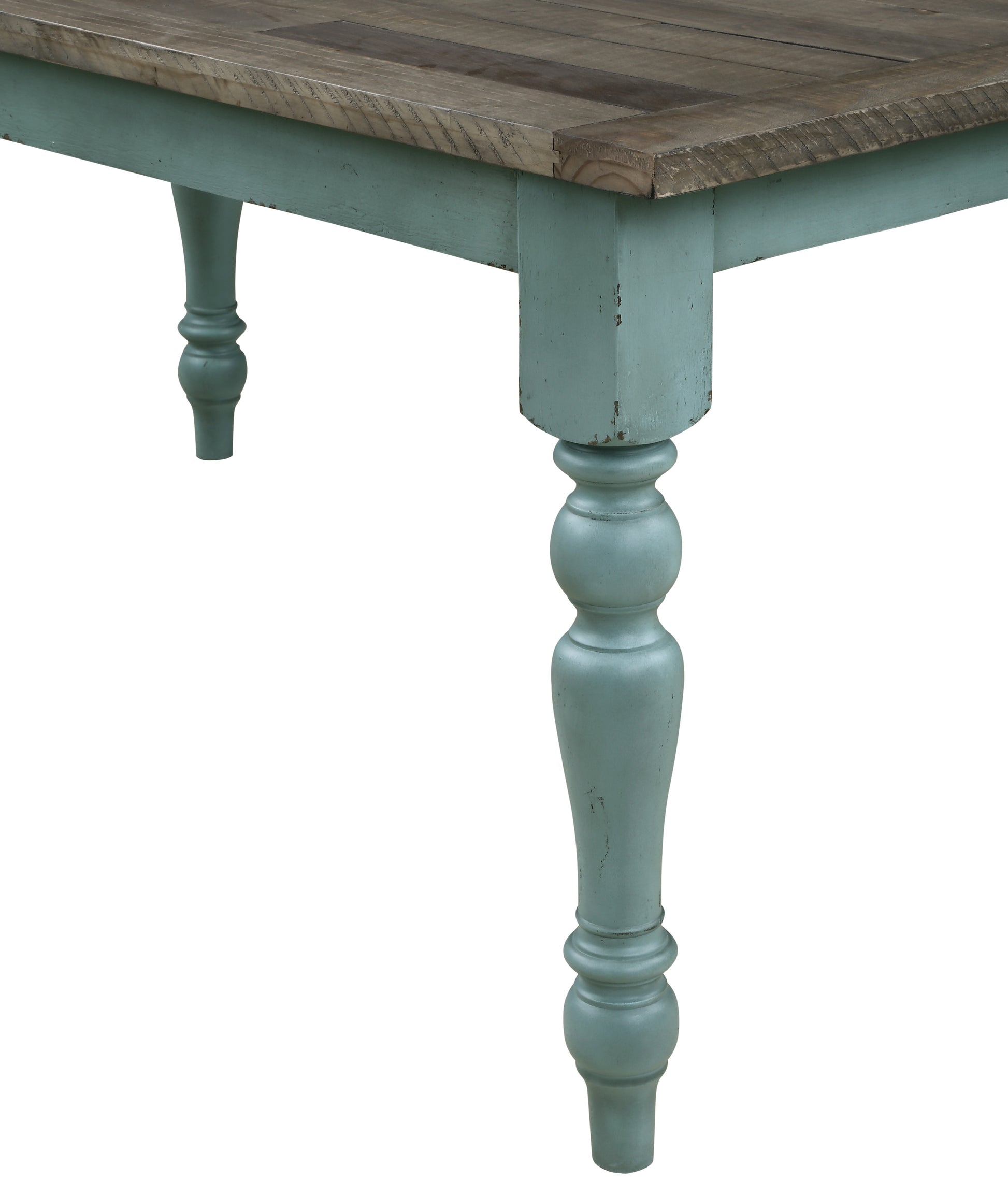 Close up of distressed teal table leg with baluster shape