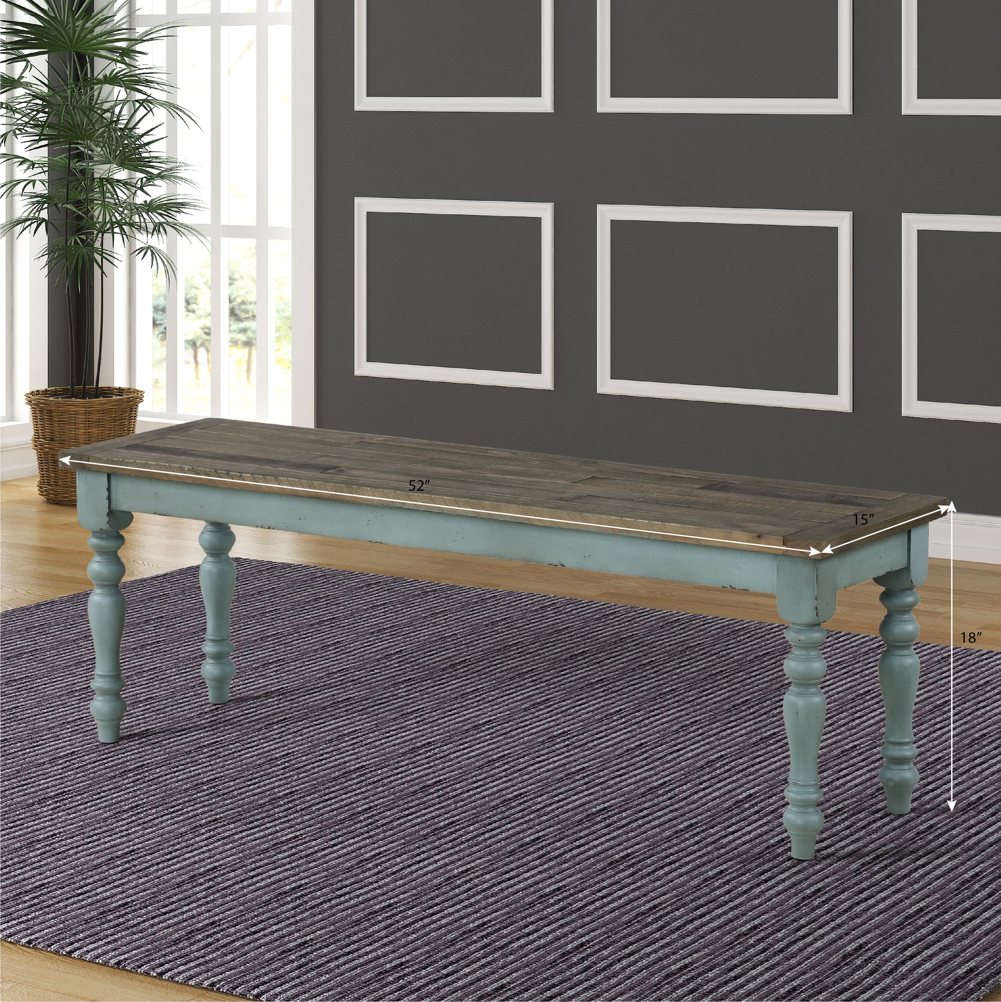 Distressed blue farmhouse bench with natural wood top