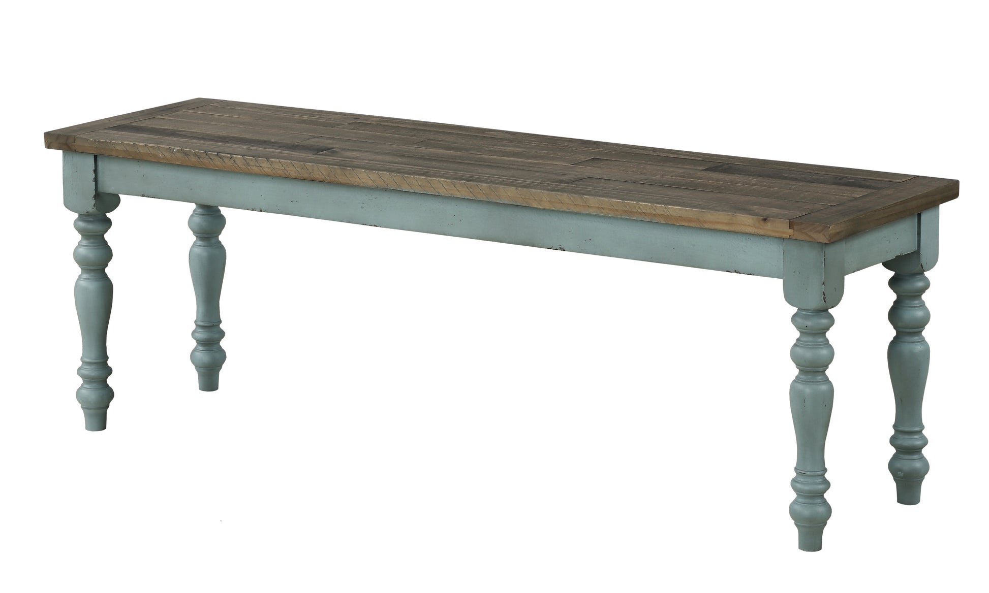 Vintage bench with distressed blue base and wood plank top