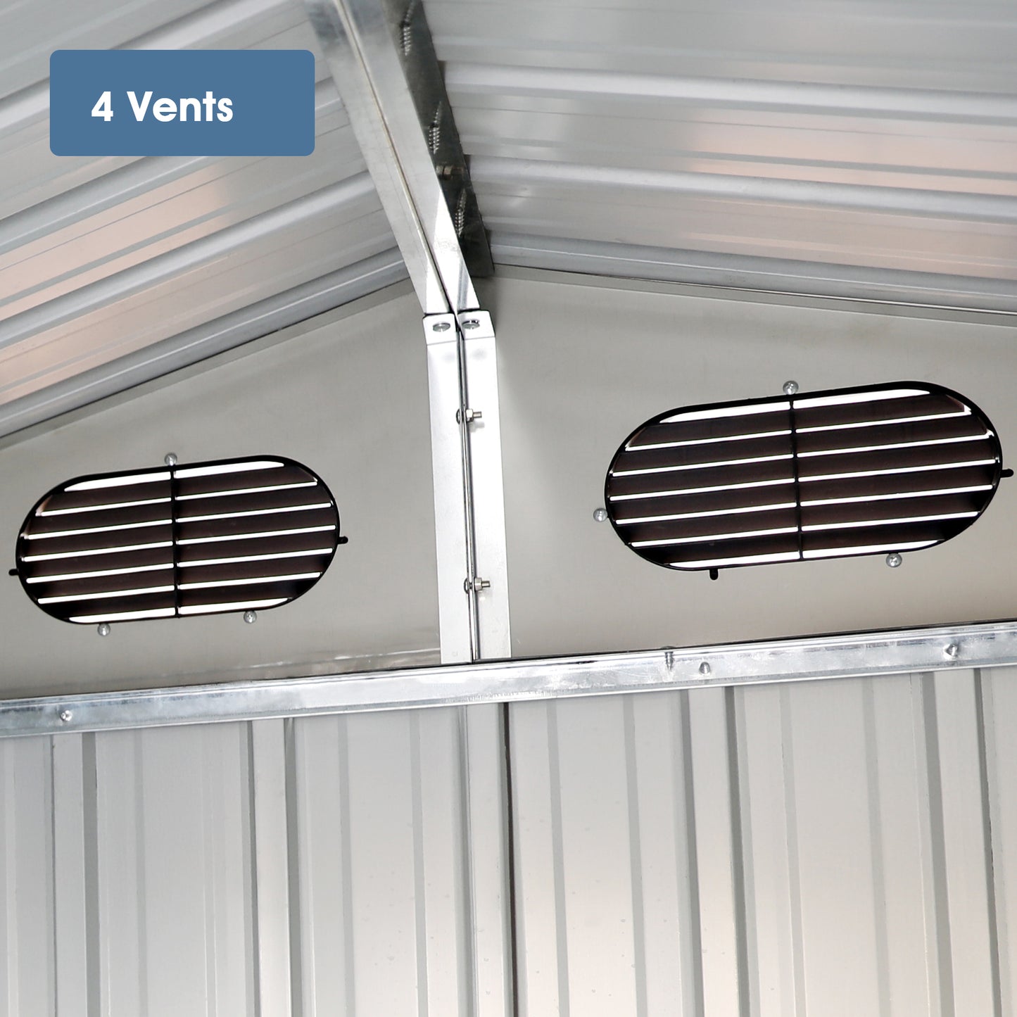 Oval garden shed vents with dark louvers for optimal ventilation