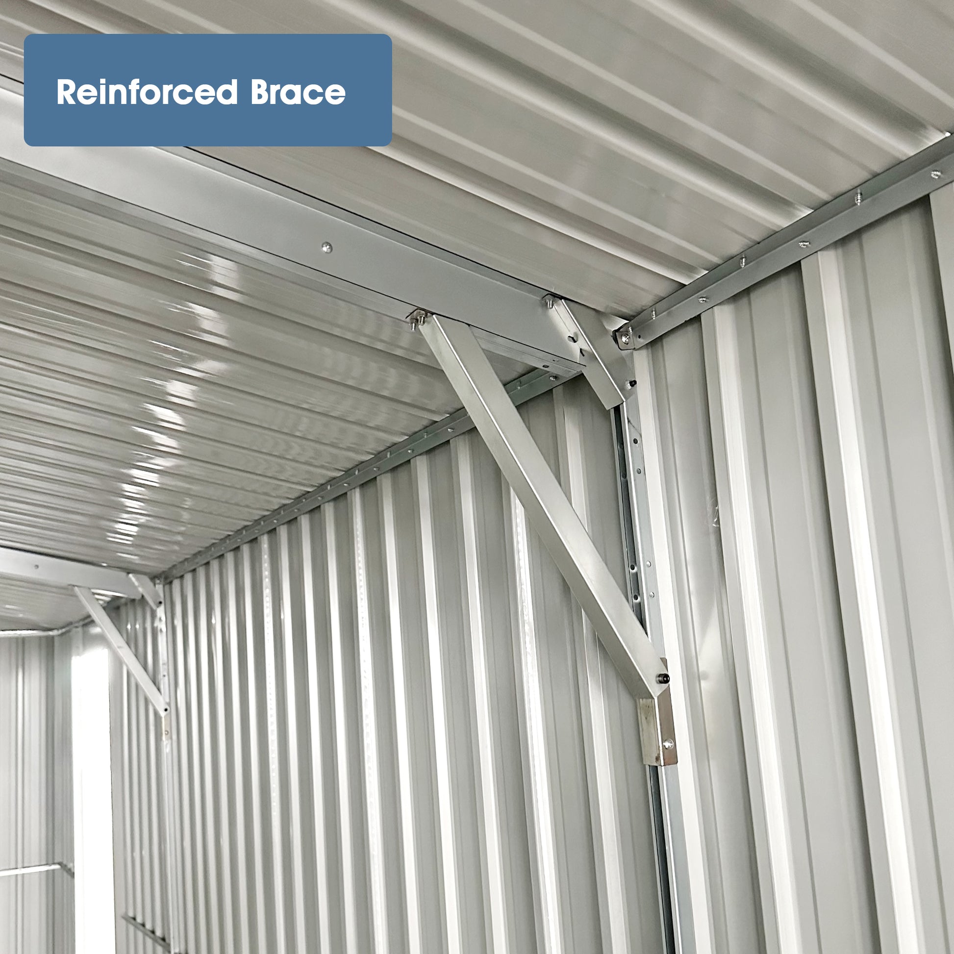 Metal sheds reinforced brace provides structural support for the roof panels
