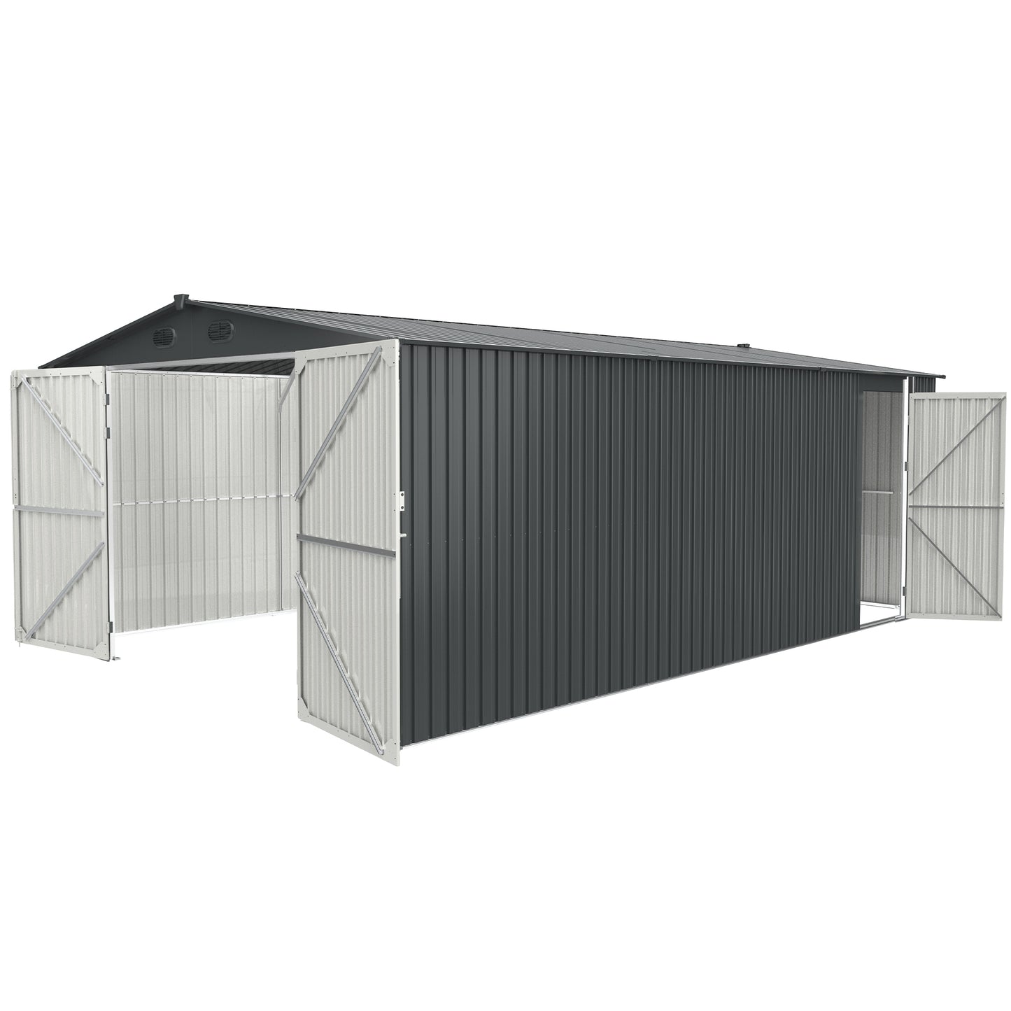 Dark gray metal garden shed with two double doors ideal for storage