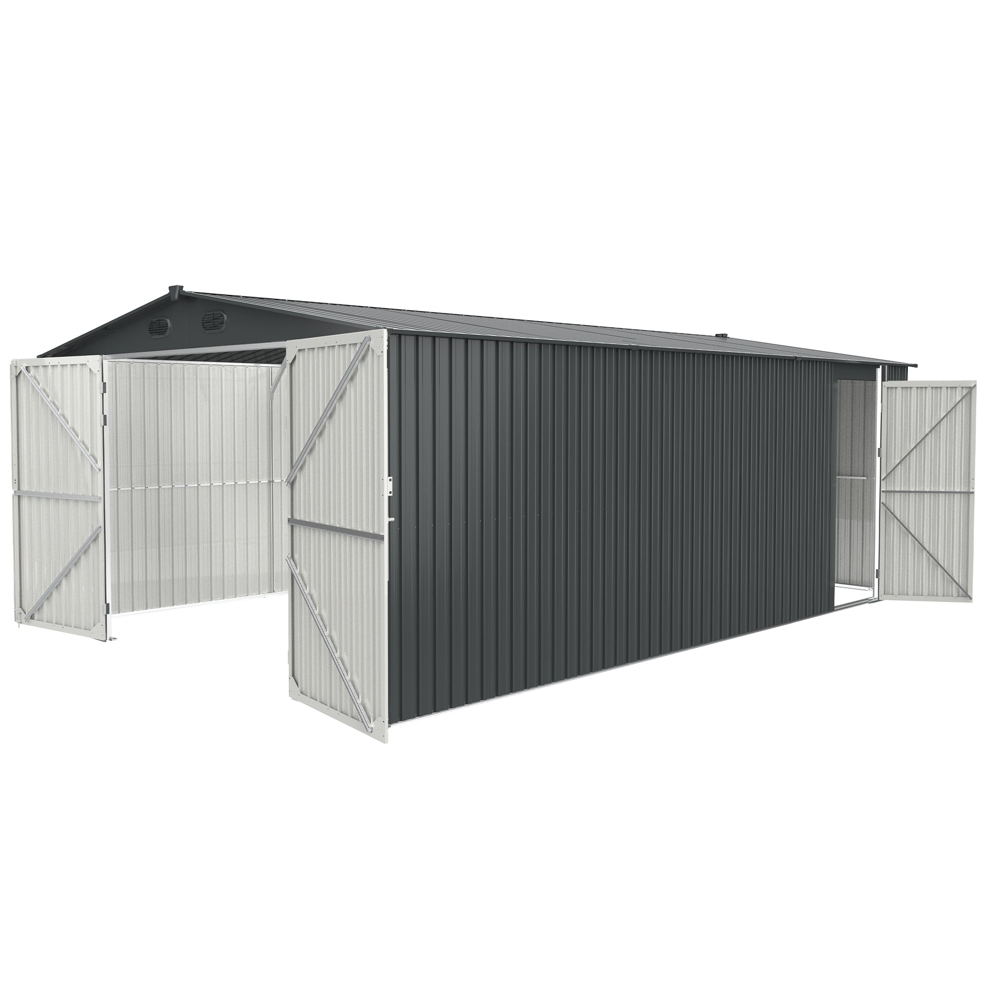 Dark gray metal garden shed with two double doors ideal for storage