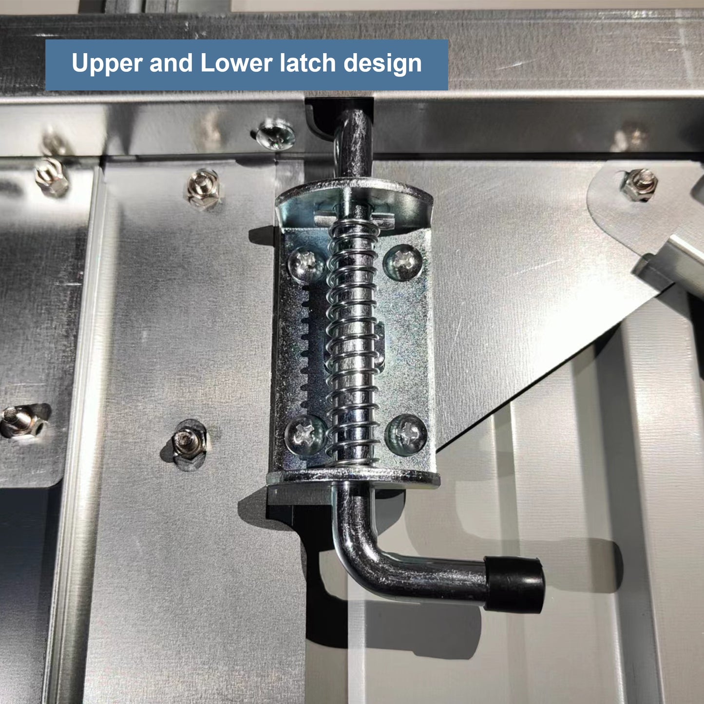 Springloaded metal bolt latch with black rubber tip for secure door closure
