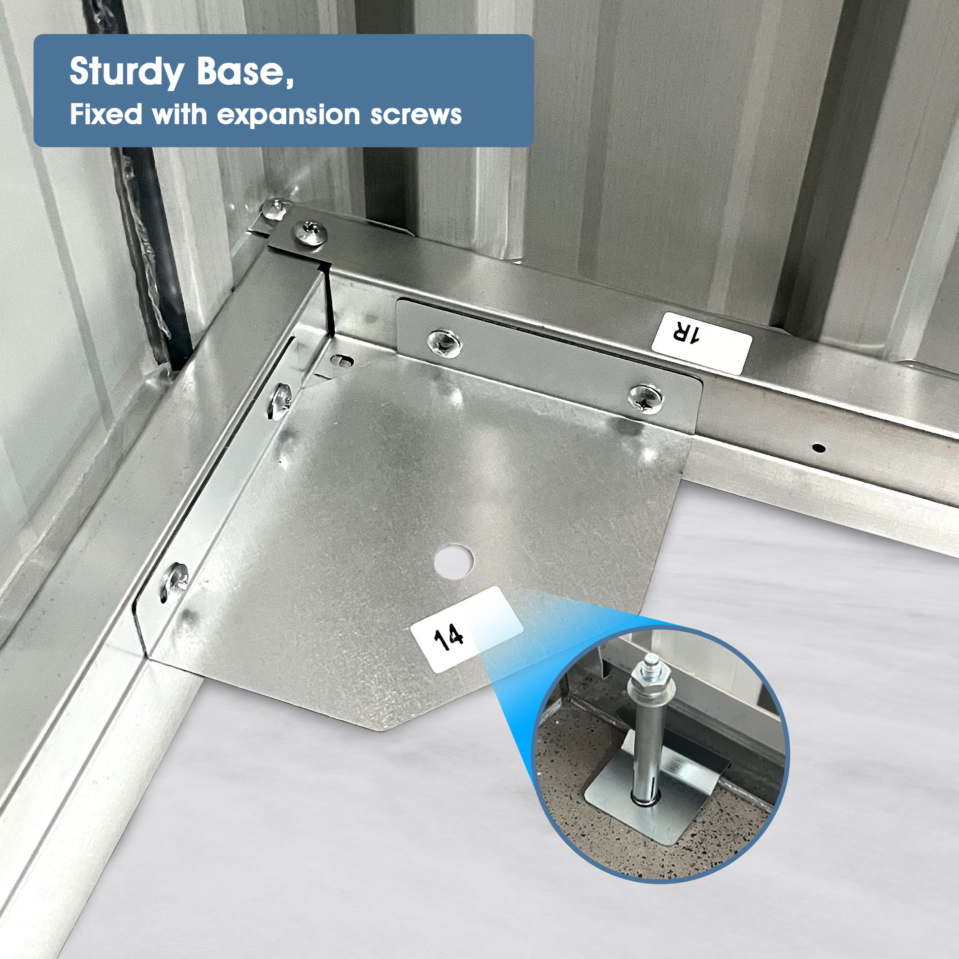 Closeup of metal sheds sturdy base plate fixed with expansion screws