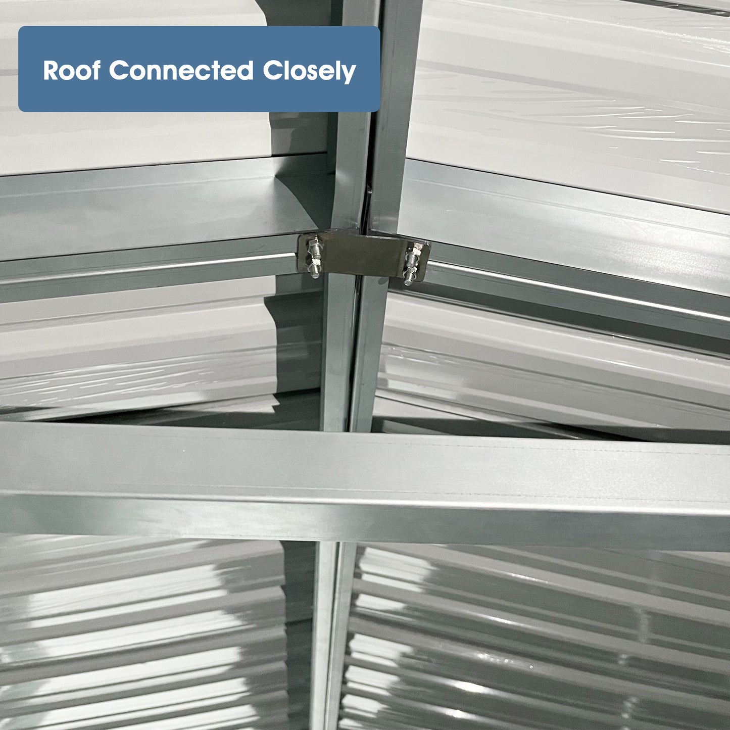 Closeup of a galvanized steel shed roof frame with visible supports and fasteners