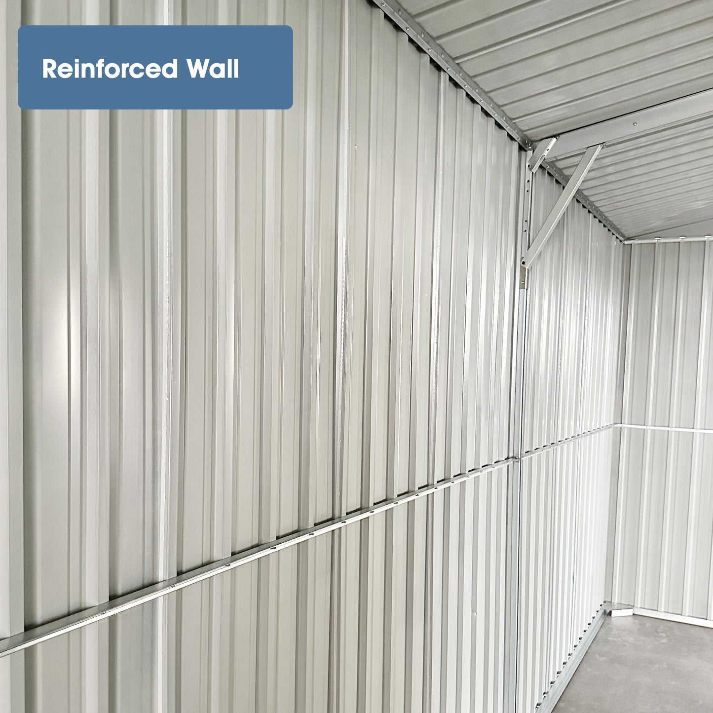 Closeup of a corrugated metal shed wall showing reinforced structural detail