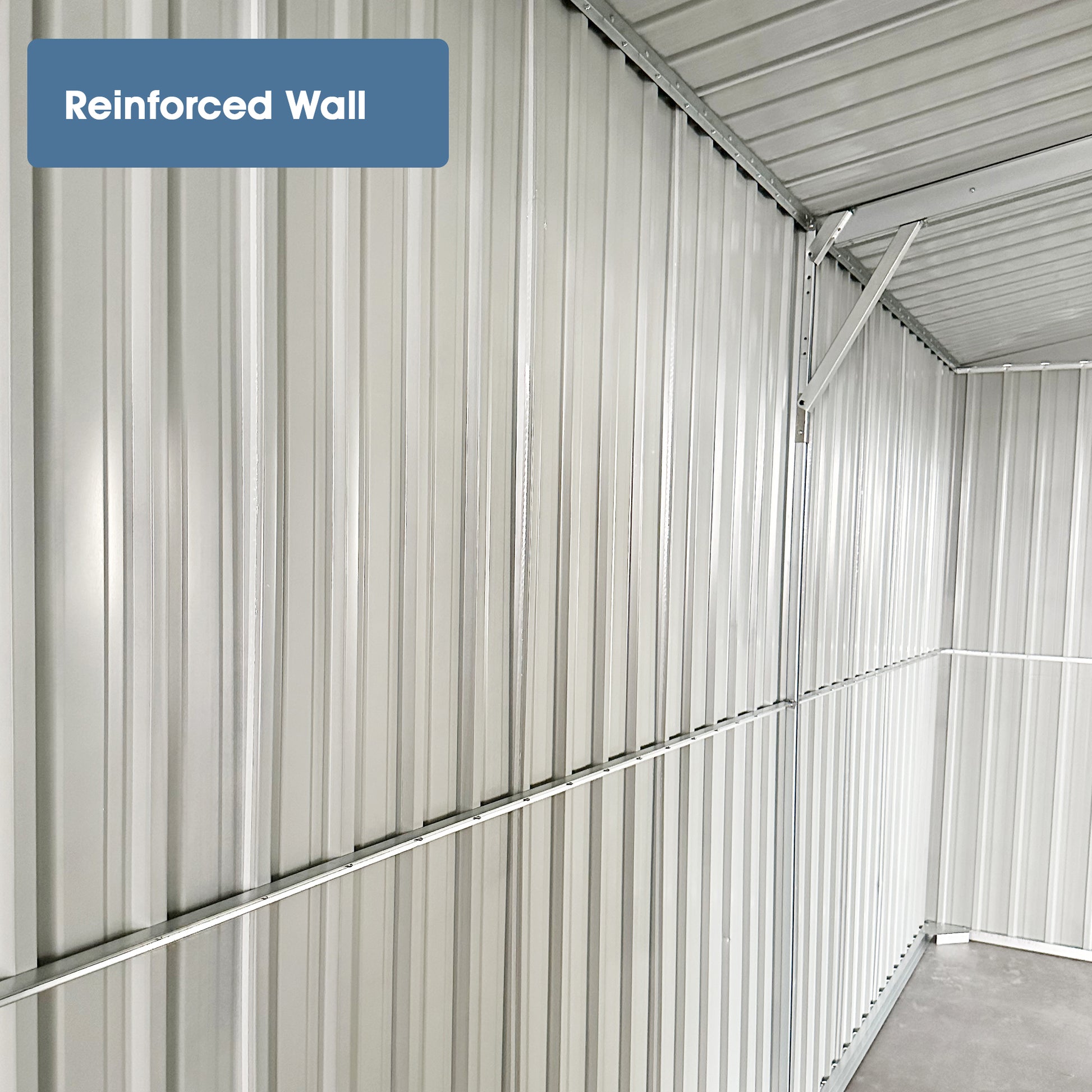 Closeup of a corrugated metal shed wall showing reinforced structural detail