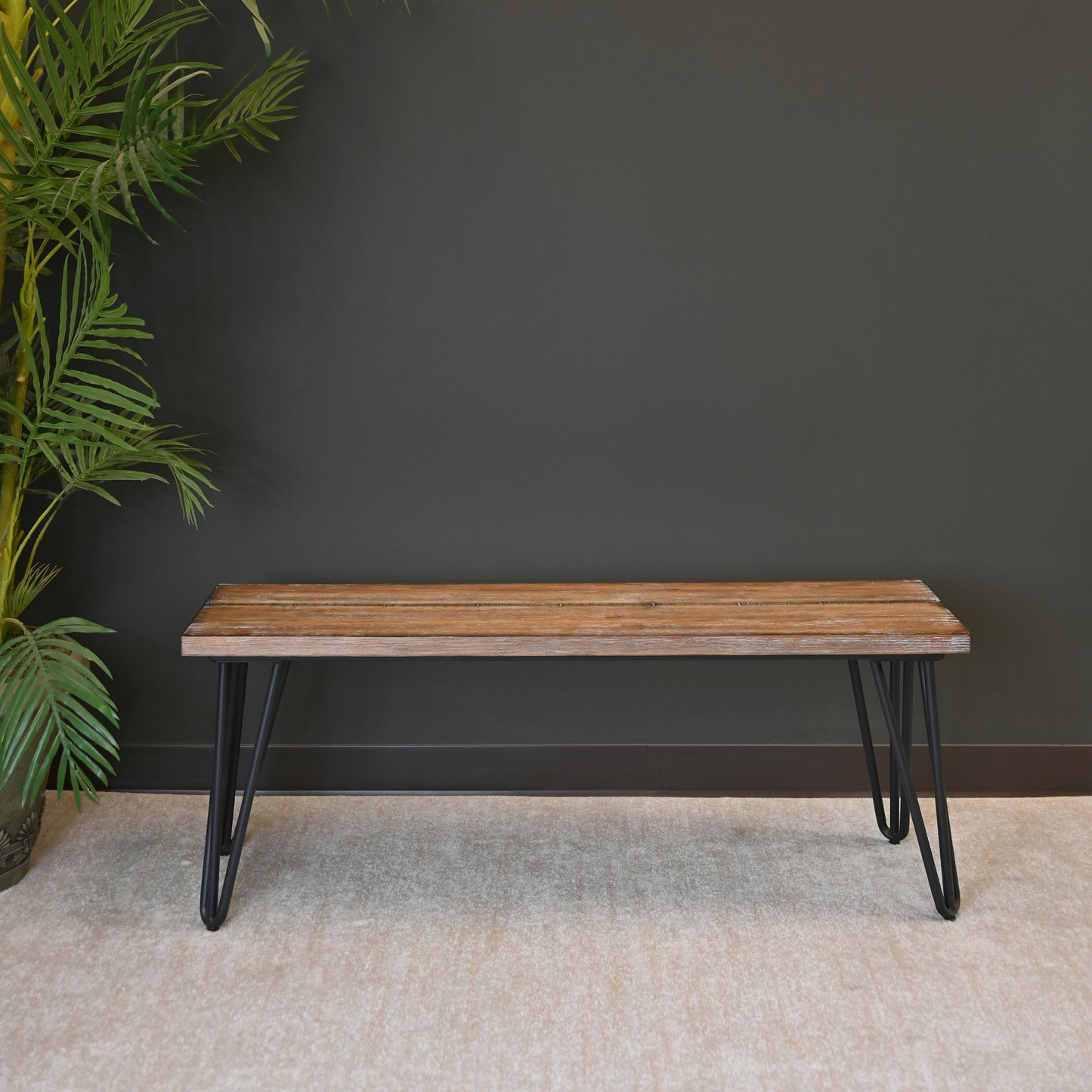 Rustic wooden bench with hairpin legs