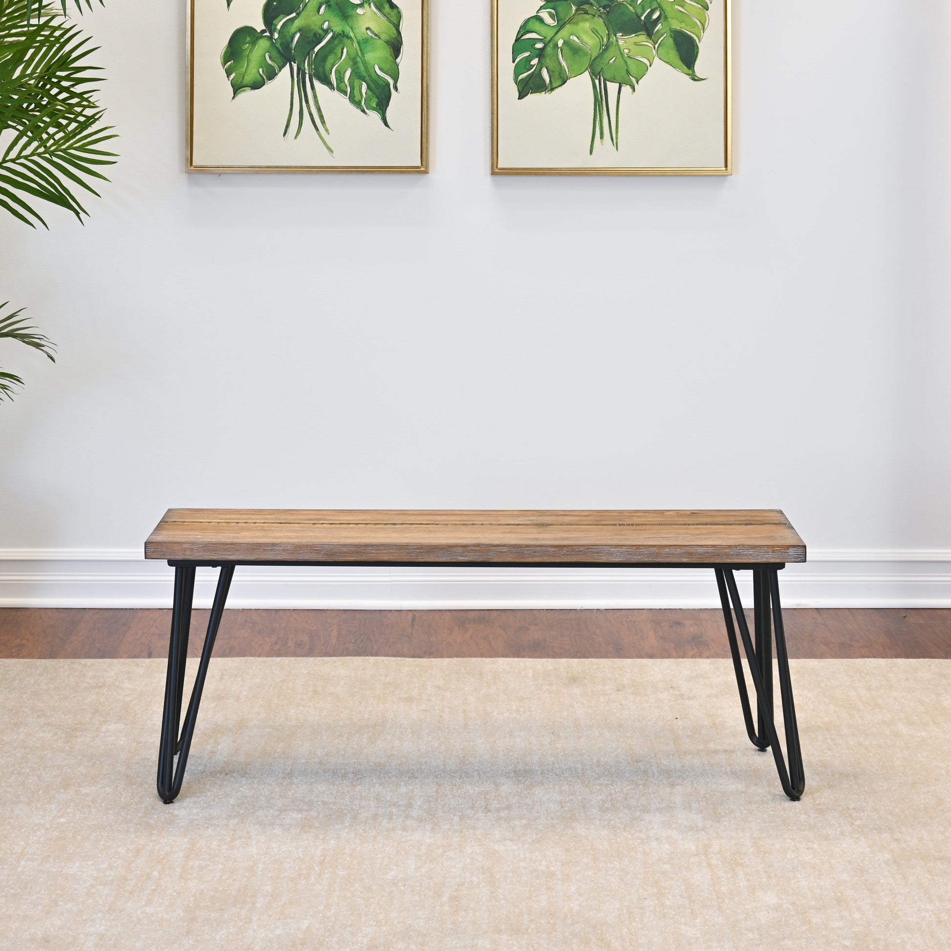 Rustic wood bench with black hairpin legs