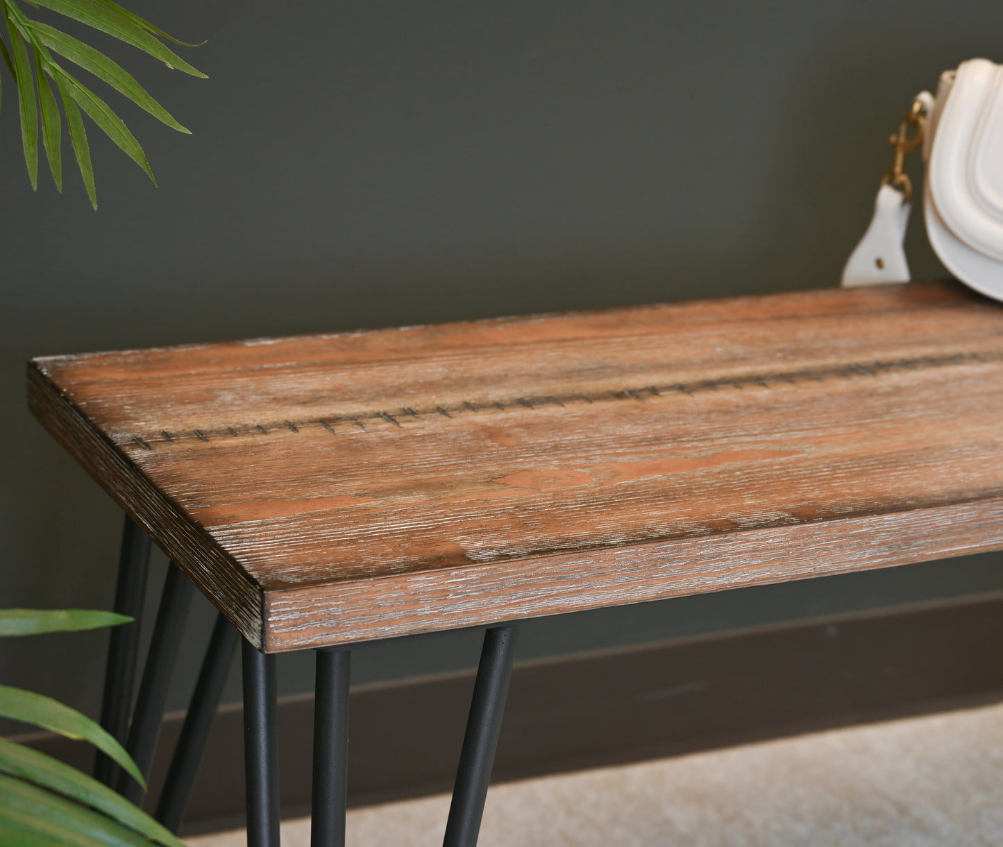 Rustic wood bench with hairpin legs ideal for entryway seating