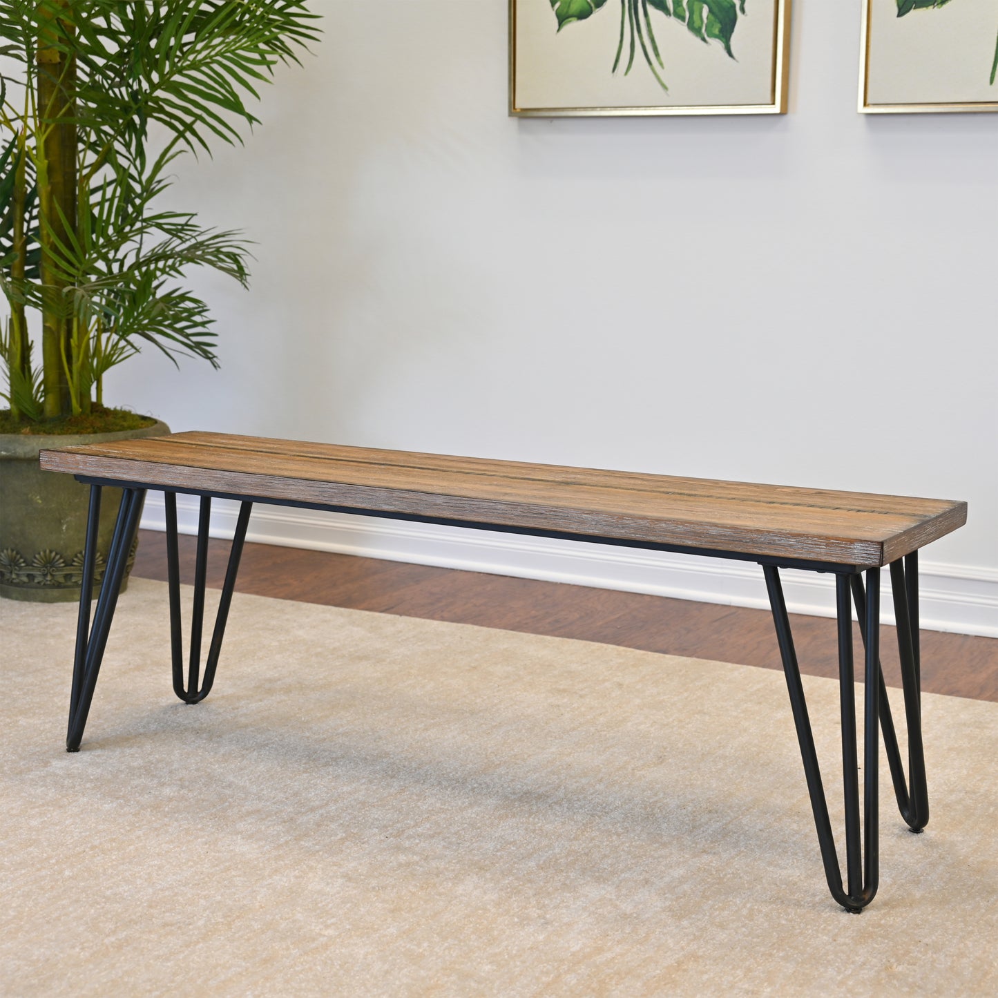 Rustic oak entryway bench with black hairpin legs