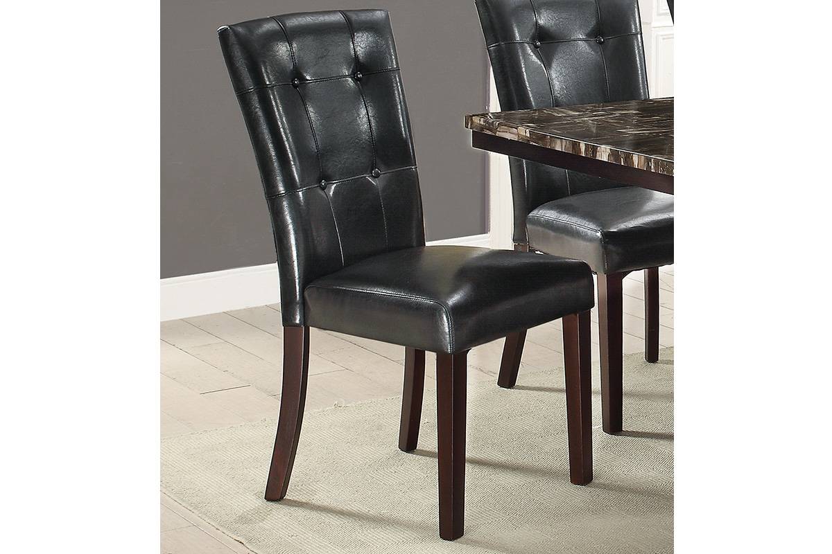 Tufted black faux leather dining chair with dark wood legs