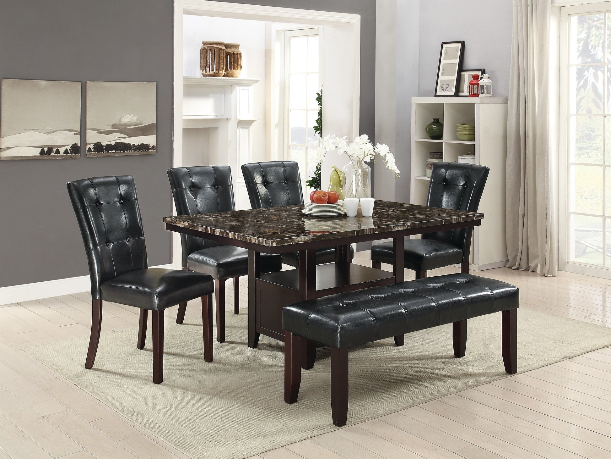 Tufted black leather dining chair with dark wood legs