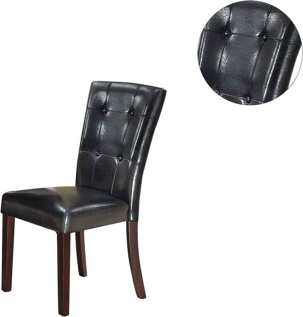Black leather dining chair with tufted back and dark wood legs