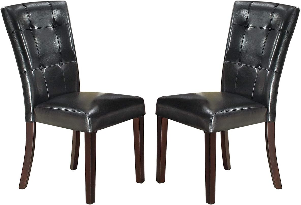 Pair of black tufted faux leather dining chairs with dark wood legs
