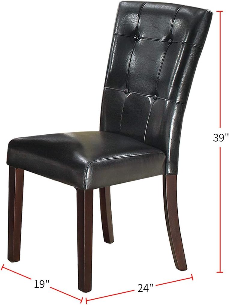 Black tufted leather dining chair with dark wood legs