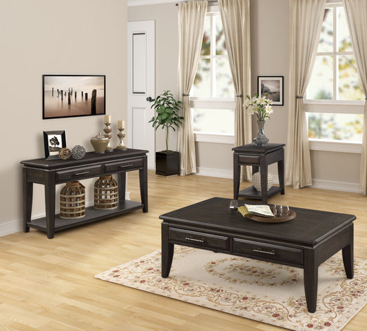 Dark brown wooden coffee table with two drawers and ornate rug
