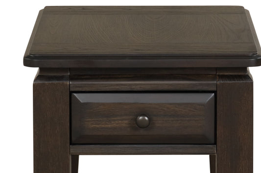 Dark oak bedside table with single drawer and metal knob