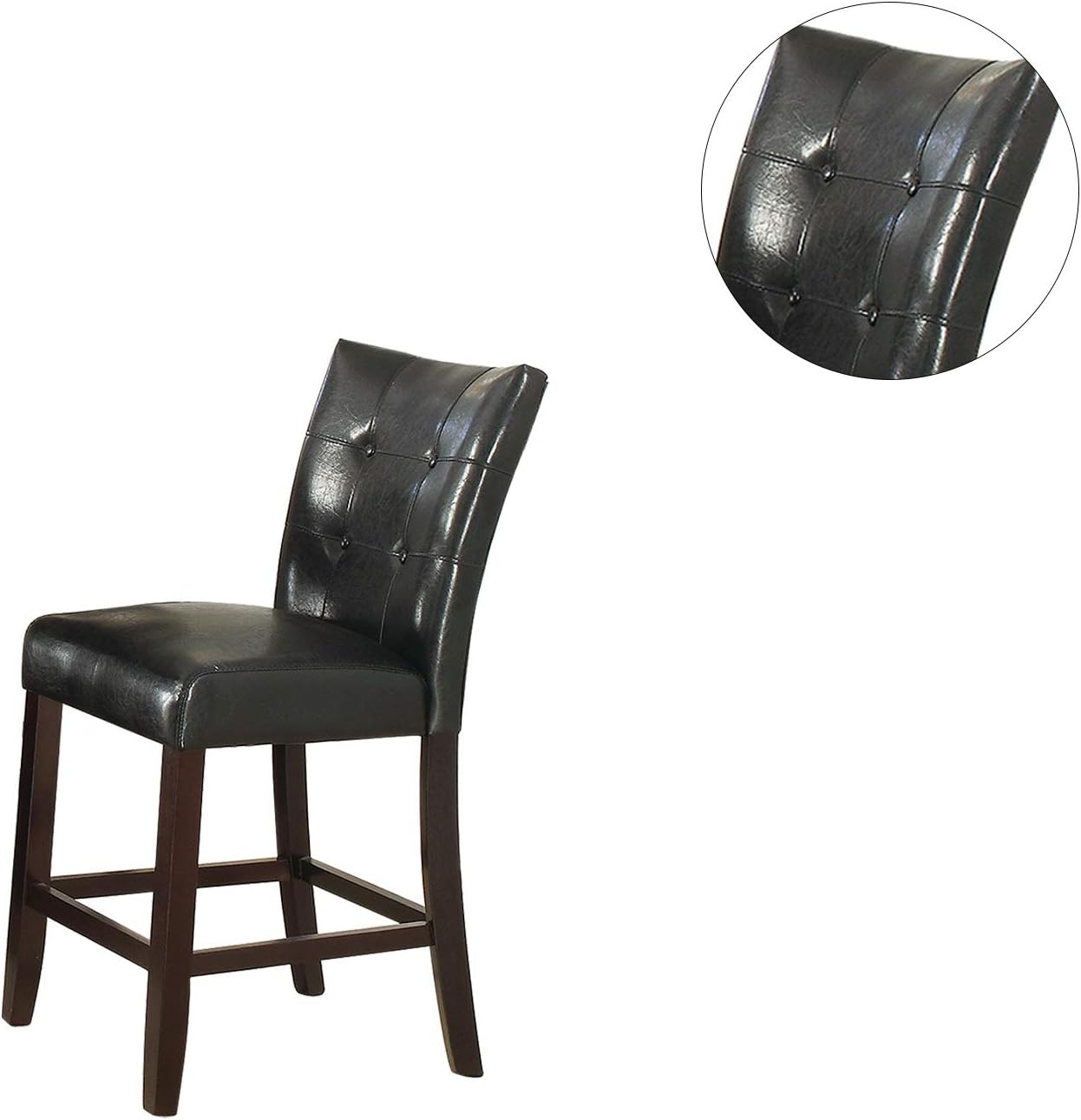 Black faux leather tufted counter stool with dark wood legs