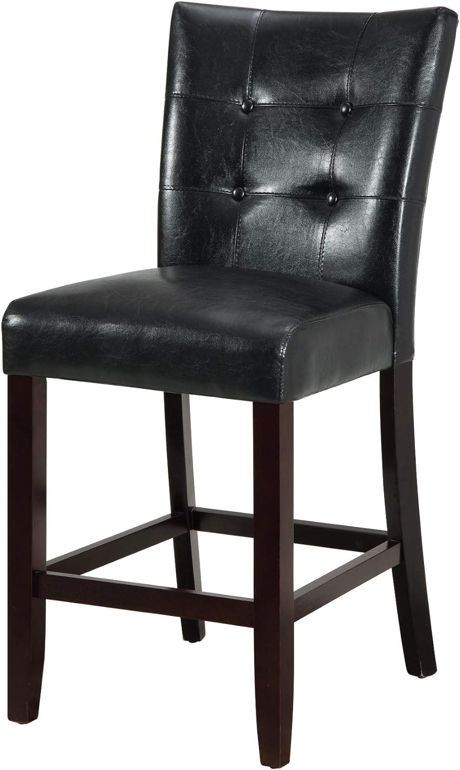 Black leather bar stool with tufted back and dark wood legs