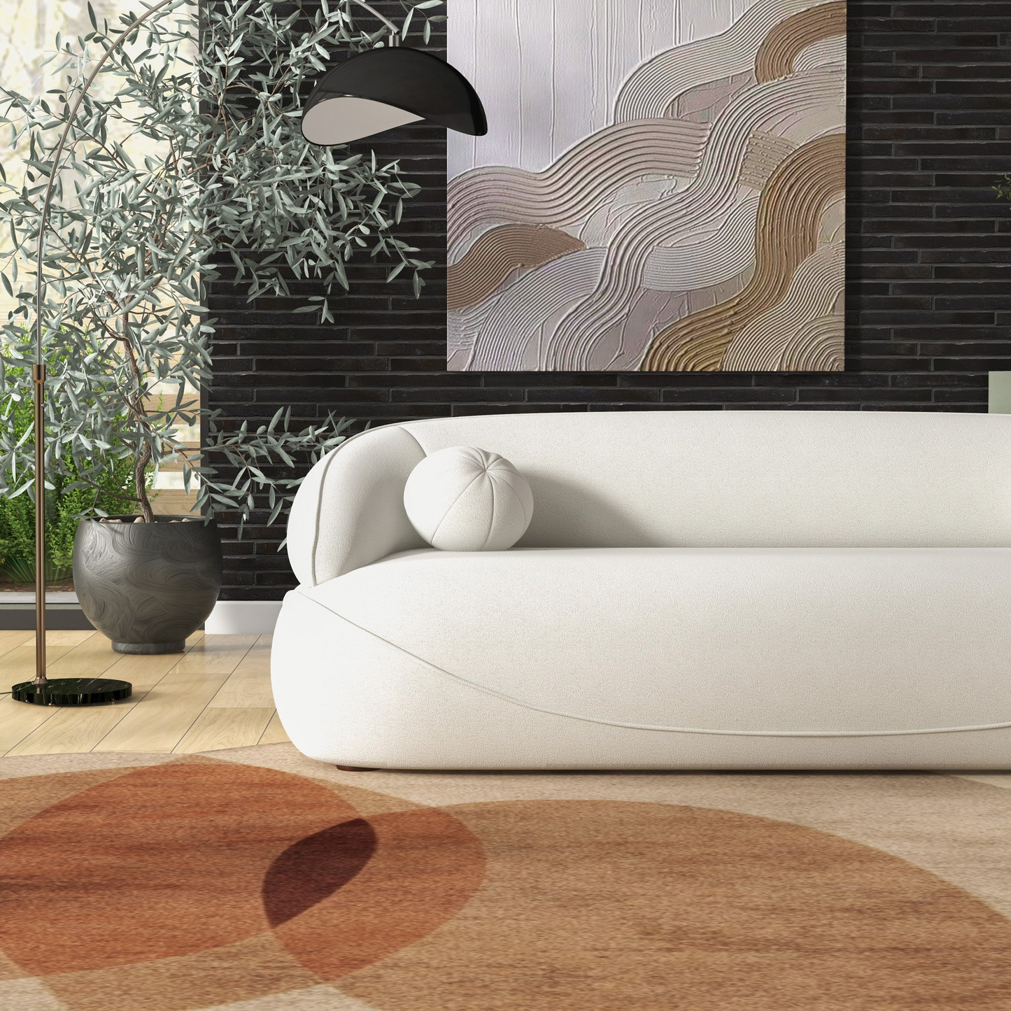 Cream boucle sofa with a round accent pillow modern design