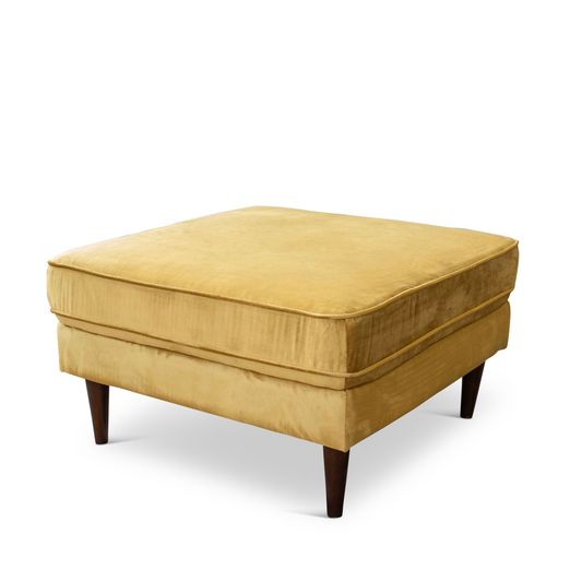 Mustard velvet square ottoman with tapered wooden legs for footrest
