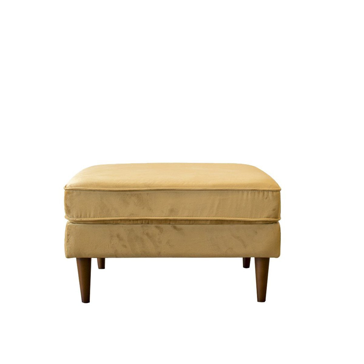 Plush gold velvet ottoman with tapered wooden legs perfect for living room footrest