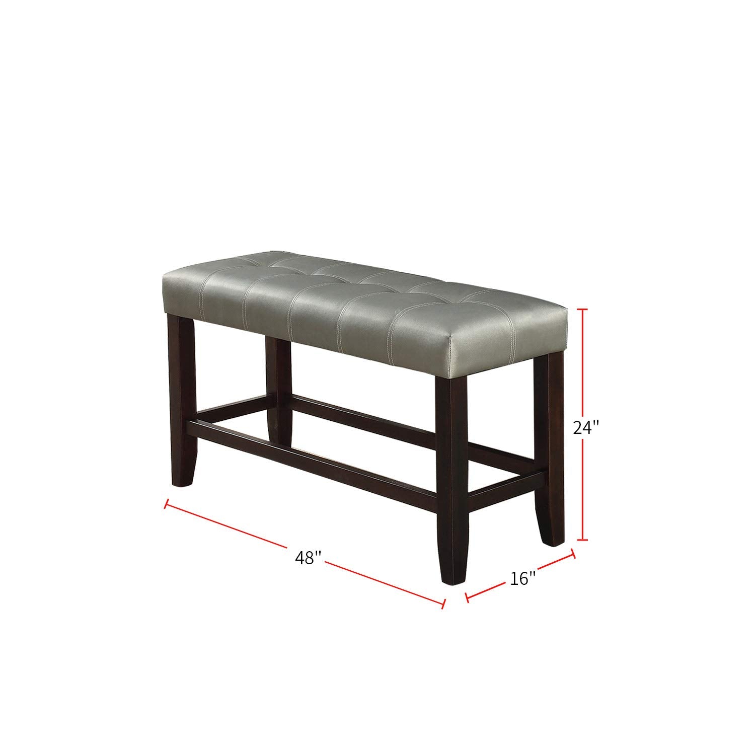 Tufted silver faux leather dining bench with dark wood legs