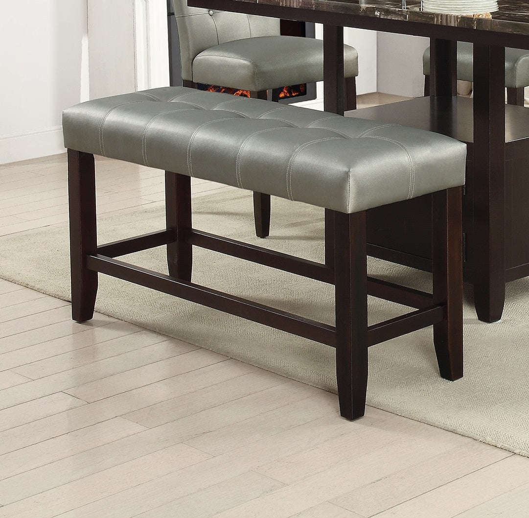 Silver faux leather tufted bar bench with dark wood legs